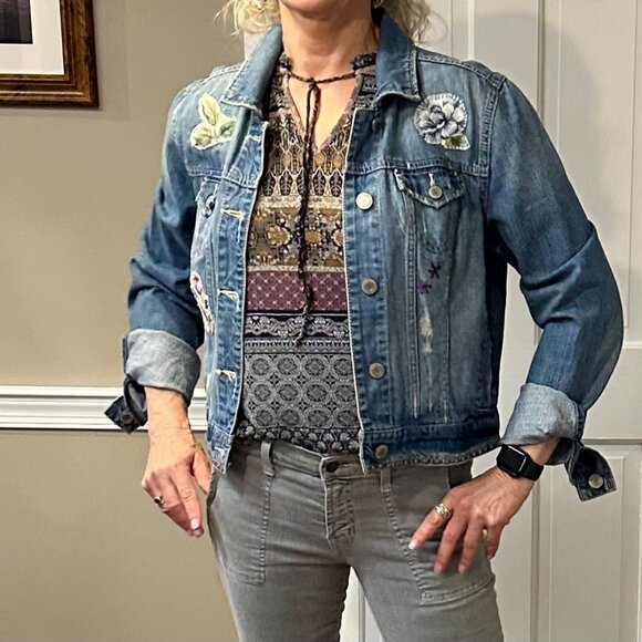 American Eagle Upcycled Patchwork Floral Design Jean Jacket OOAK Boho Size XL - Picture 6 of 9